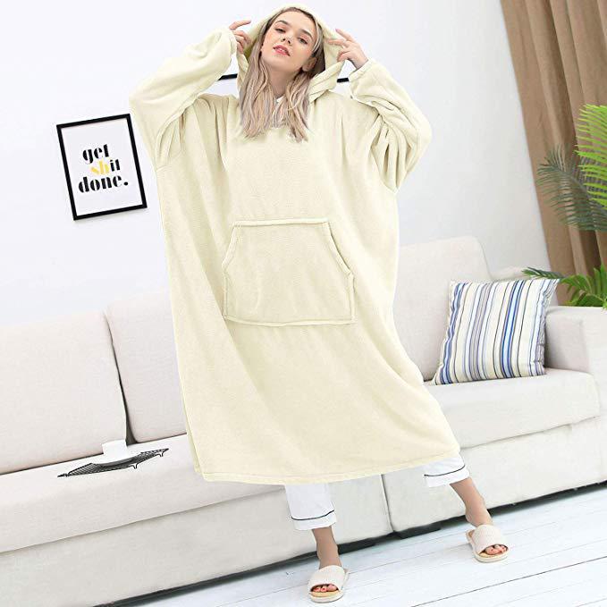 Super Long Oversized Blanket HoodieWinter Hooded Wearable Family TV Blanket with Sleeves Thicken Sherpa Fleece Hoody Sweatshirt: Beige