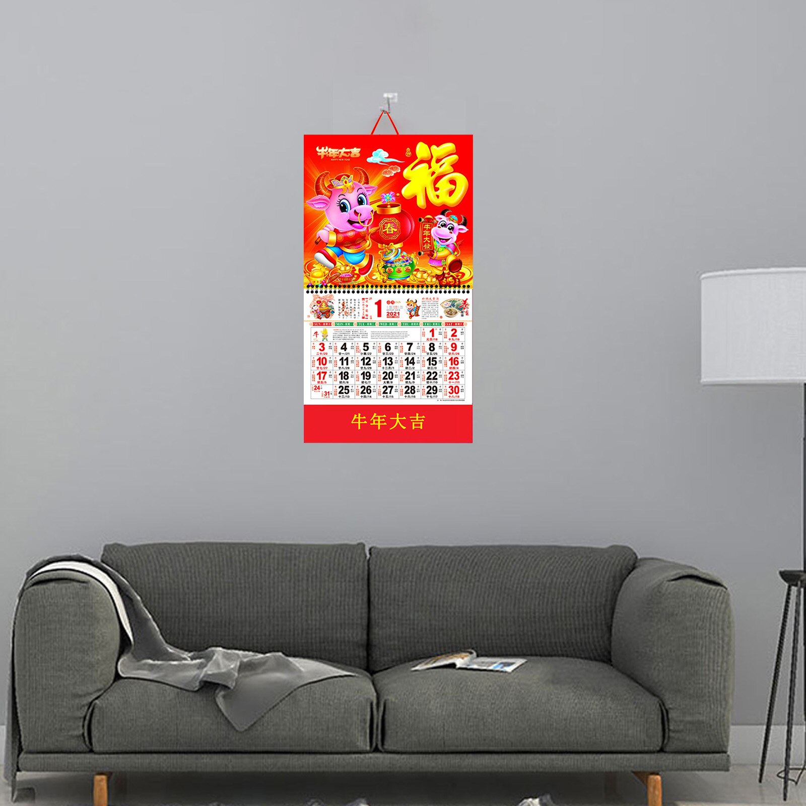 Chinese Calendar Wall Calendar Hanging Monthly Calendars Year of The OX Spring Festival Home Office Decoration Random Style