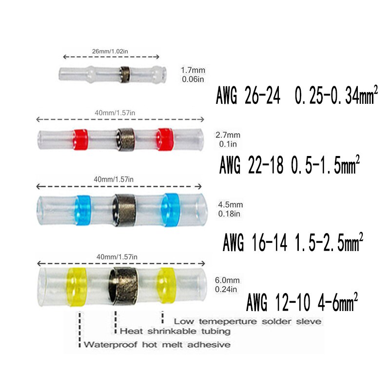20/50PCS Waterproof Solder Seal Sleeve Splice Terminals Heat Shrink Electrical Wire Connector Butt Connector Insulated Soldering