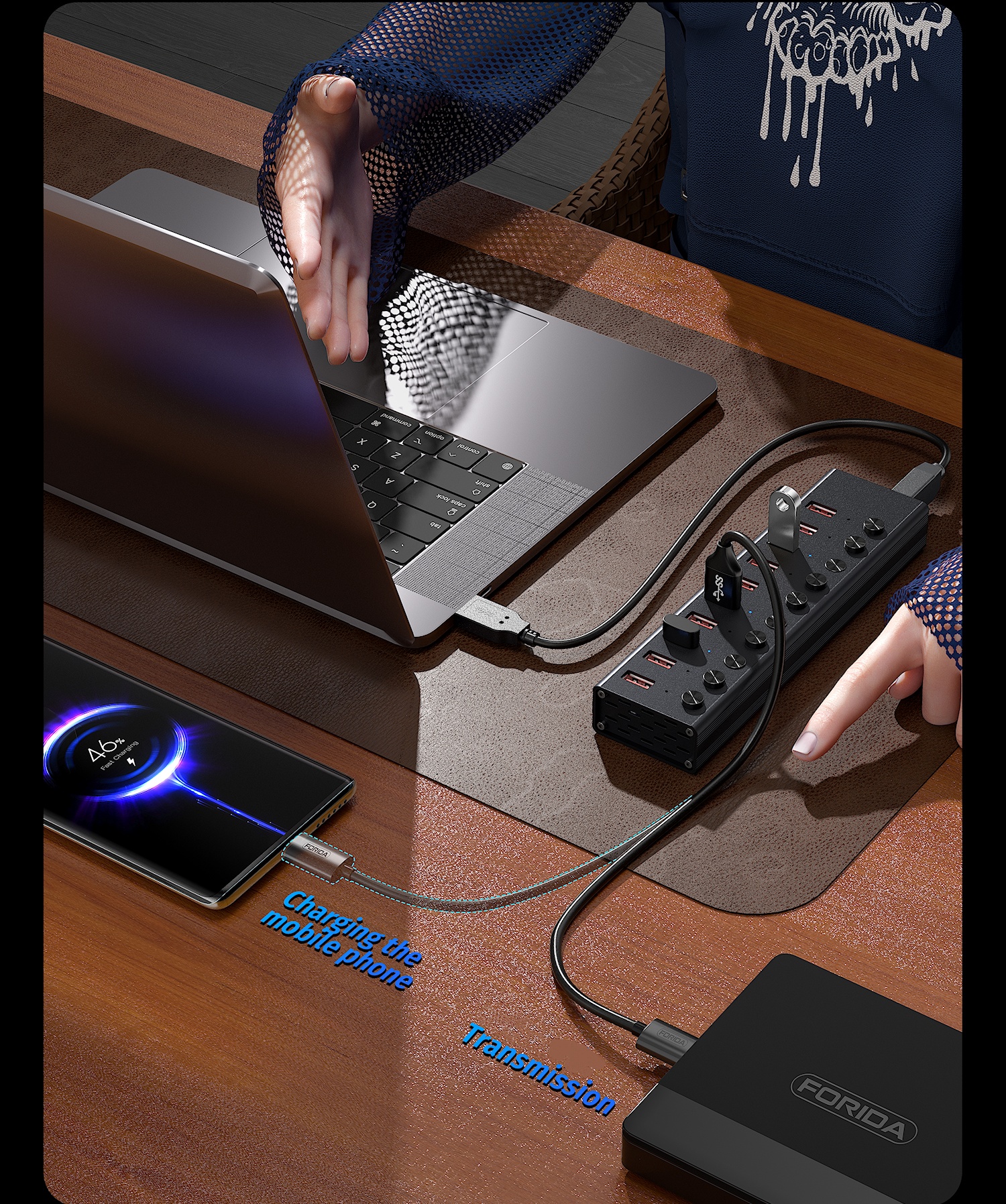 FORIDA 10 puertos USB A 3,2 extensión USB C Hub 10Gbps estaciones de acoplamiento interruptor de encendido/apagado divisor de energía para ordenador portátil Macbook de escritorio