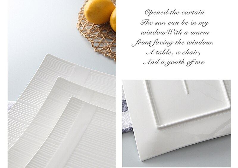 3pcs set, 6+8+10inch, plain white embossed porcelain charger plates for dinner, ceramic platter, square serving plate, salad