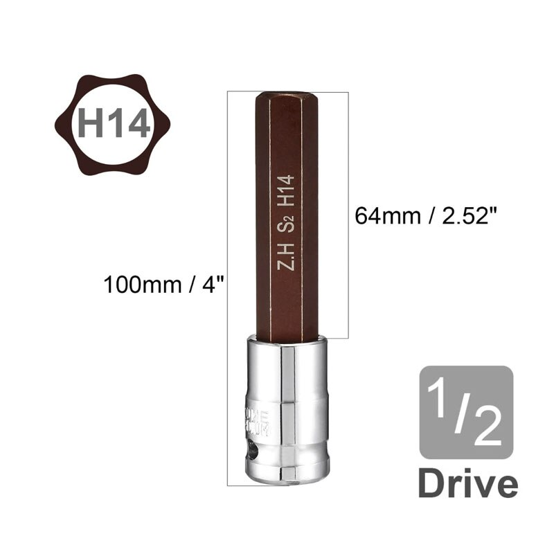 1/2" Drive x 4mm 5mm 6mm 7mm 8mm 10mm 12mm 14mm Hex Bit Socket, Standard Metric, S2 and Cr-V Steel 100mm Length: 100LxH14MM 1pcs