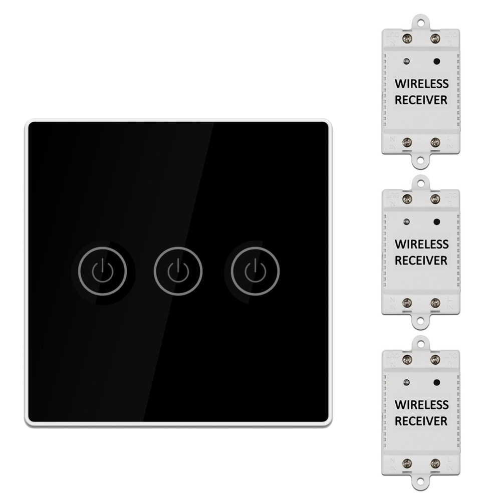Wireless Smart Touch Switch Light Controller with 1/2/3 Receiver 30m Remote Control 1/2/3 Gang Lamp Wall Panel Button Receiver: 3 gang Black