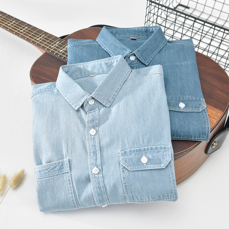 Mænd kortærmede denim skjorter sommer 100%  bomuld bløde casual jeans cowboy skjorte åndbar