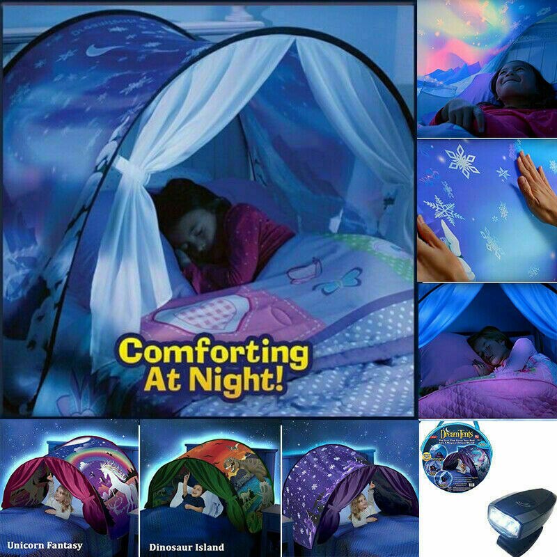 Kids Dream Bed Tents with Light Storage Pocket Children Boy Girls Night Sleeping Foldable Pop Up Mattress Tent Playhouse Unicorn