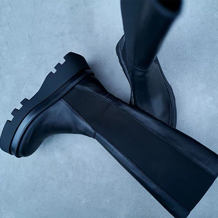 Winter dameslaarzen zwarte gegroefde zool schoorsteenlaarzen platte leren laarzen kniehoge laarzen merk