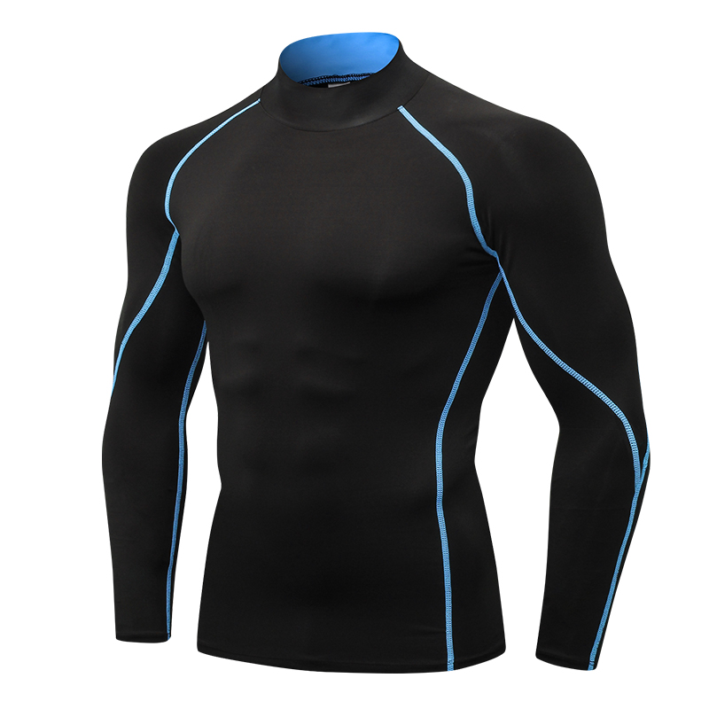 Herren-Kompressionshemden mit Stehkragen und langen Ärmeln, kühl, trocknend, Sonnenschutz, Sport-Strumpfhosen, Unterhemden, Lauf- und Fitnessstudio-Spitzen