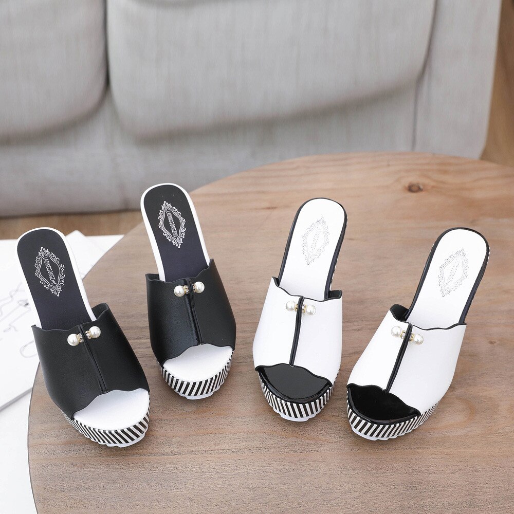 Hoge hakken Strand Slippers Zomer Wiggen Platform Streep Parel Sandalen slippers vrouwen schoenen Sandalias mujer