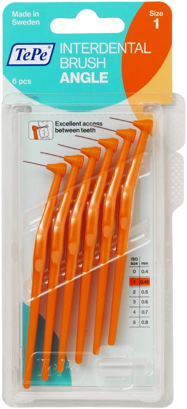 TePe Angle™ Interdental Brushes Every Size Interspace Cleaning With Long Handle Between Teeth Braces Toothbrush 6 Brushes: 0.45mm - Size 1 Orange