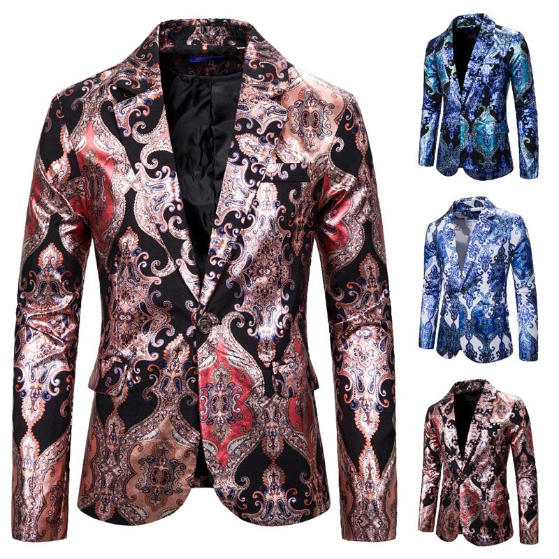 Blazers baroques hommes de luxe Sequin vestes hommes Costumes de scène pour chanteurs hommes cour Blazers bleu Royal impression robe de soirée Club