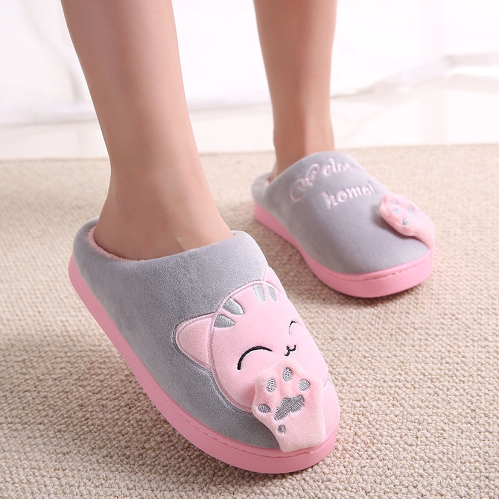 Mujeres Zapatillas de casa de invierno cálido Flip Flop zapatos dibujo de gato para niñas lindo antideslizante en el interior dormitorio zapatos zapatillas