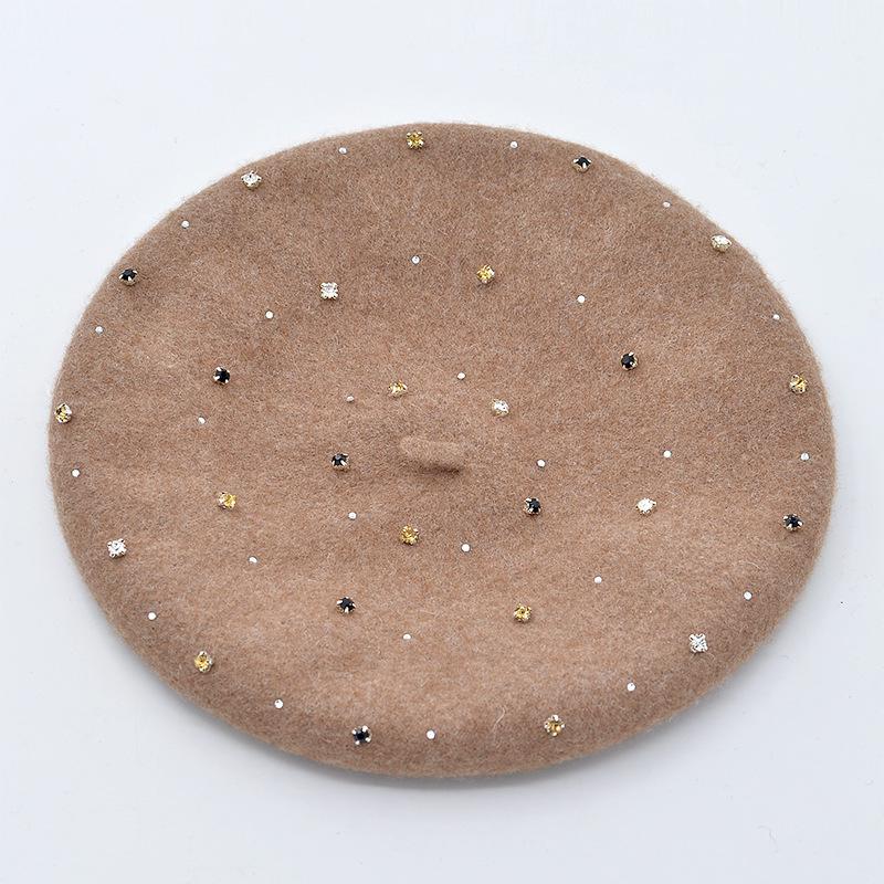 Cokk hand sy ull basker kvinnor hatt höst vinter strass basker mössa hatt kvinnlig koreansk målare mössa boina gorras vintage: Kaki
