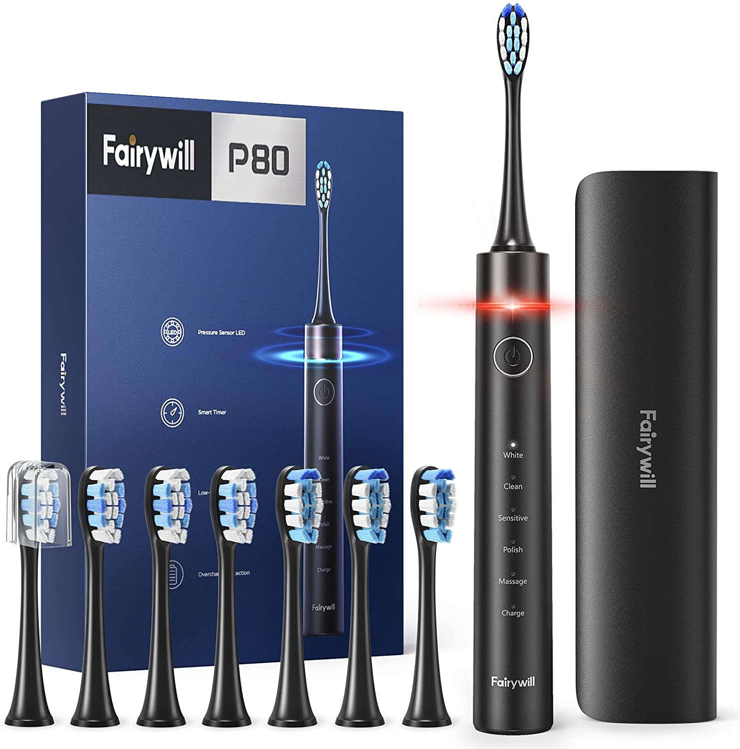 Fairywill-cepillo de dientes eléctrico P80 40.000 para adulto, microcepillos vibratorios con sensor de presión, cepillo de dientes electrónico impermeable: Default Title
