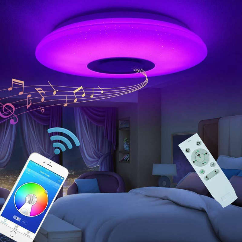 Musik led loftslampe 60w rgb indbygning rund stjernelys musik med bluetooth højttaler dæmpbart farveskiftende lys