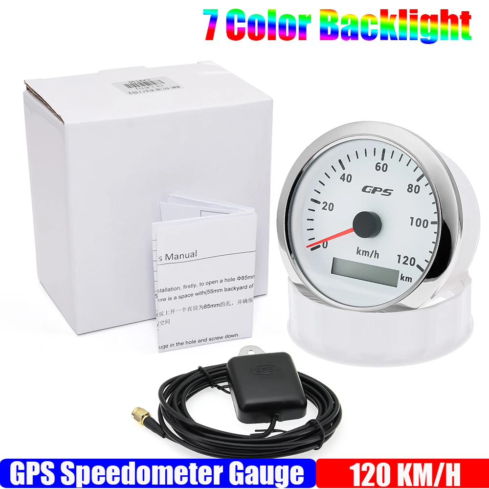 Velocímetro GPS de 85MM para Motor barco marino, retroiluminación de 7 colores, 30 ~ 200 KmH, medidor de velocidad para barco, coche y camión con antena GPS personalizada: Plata