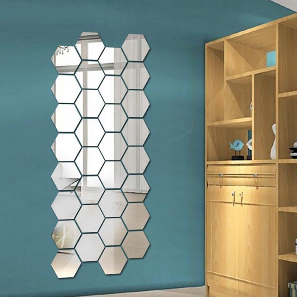 12/24 pièces 3D miroir Stickers muraux hexagone décor à la maison miroir autocollants Art mur décoration autocollants amovible salon décalcomanie: 12pcs Silver M