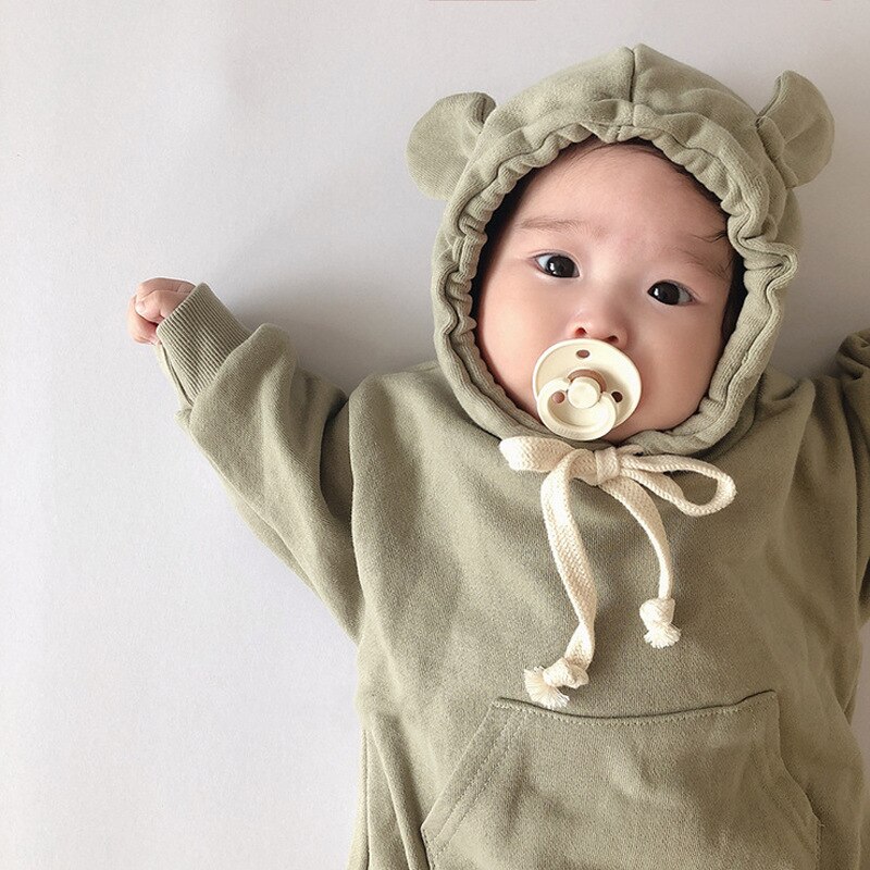 Babykleid für frühling und herbst, niedlicher kleiner bär, baumwolle, schlichter einfarbiger hoodie für jungen und mädchen, triangel-strampler: Gräulichgrün / 3t