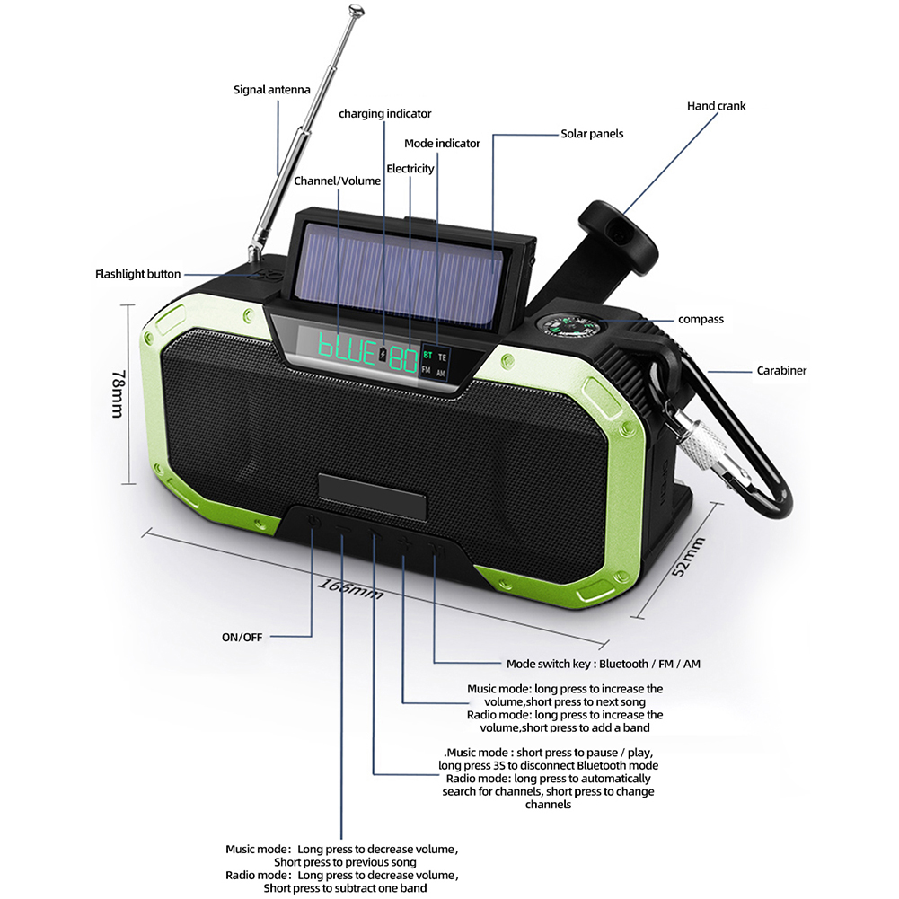 Radio solaire Portable bluetooth 5.0, haut-parleur, manivelle, AM/FM, récepteur RADIO météo multifonction avec lampe de poche, batterie d&#39;alimentation d&#39;urgence