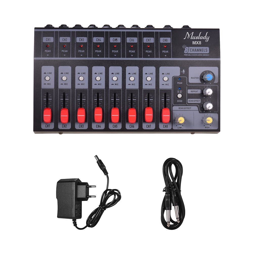 Muslady mx8 portátil 8 canais de áudio estéreo misturador som baixo ruído com efeito eco mixer áudio midi interface áudio mixer: EU PLUG