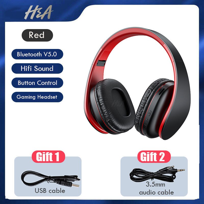 HiFi Stereo Bluetooth Headphone with Mic Foldable Wireless Headset Gaming Earphone for Phone Tablet Support FM Radio and TF Card: Red