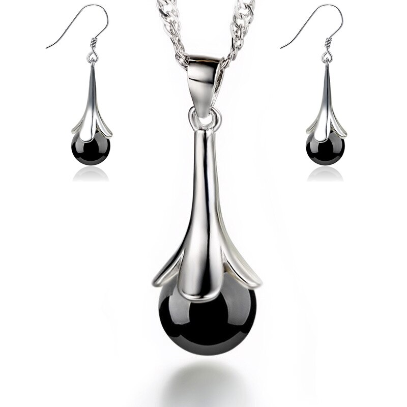 MEYRROYU 925 Sterling Silber Halskette Ohrringe Perle Anhänger Schmuck einstellen Dame, Verlobung, Hochzeit Cерьги Oжерелье: 3