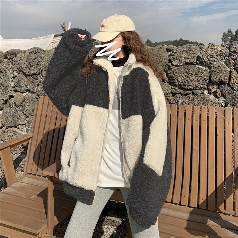 Imiteret pels frakke kvinder efterår vinter varm blød lynlås pels patchwork jakke kvindelig plys overfrakke lomme afslappet outwear