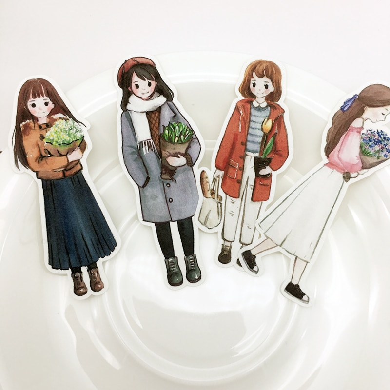 28pcs Hand Drawing Watercolor cute girls Planner journaling stickers scrapbooking DIY Dry Glue Sticker kawaii stationery