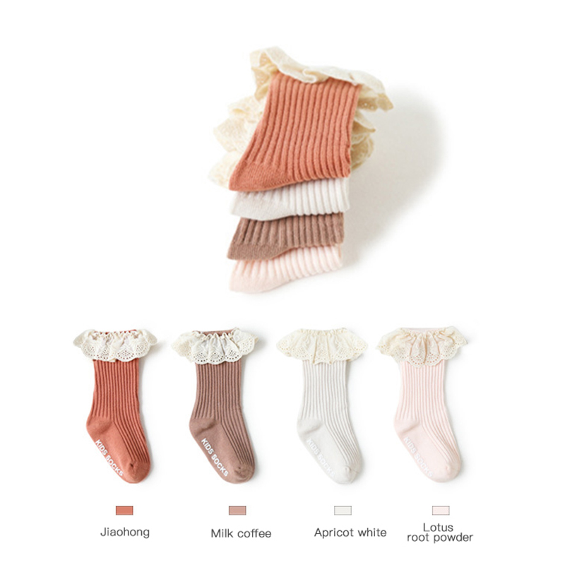 8 Kleuren Baby Knie Sokken Lace Edge Schroefdraad Kid Sokken Verticale Strepen Zachte Ademende Buis Sokken Antislip Voet sox 0-3Y Meisjes