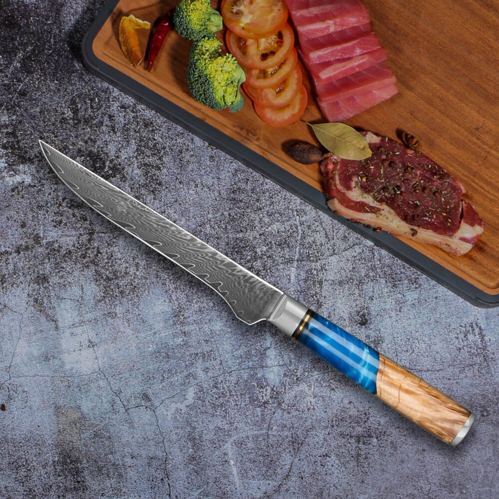 MOKYING Forged Kitchen Knife Set Damascus Steel Chef Knife Chopping Kitchen Knife Peeling Bread Knife Blue Resin Handle: E