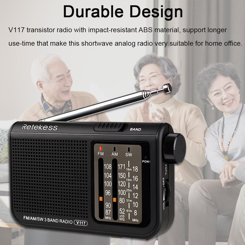 Retekess V117 Analog AM FM Radio Transistor Shortwave Radio Powered by AA Battery with Large Knobs Ideal for Indoor and Senior