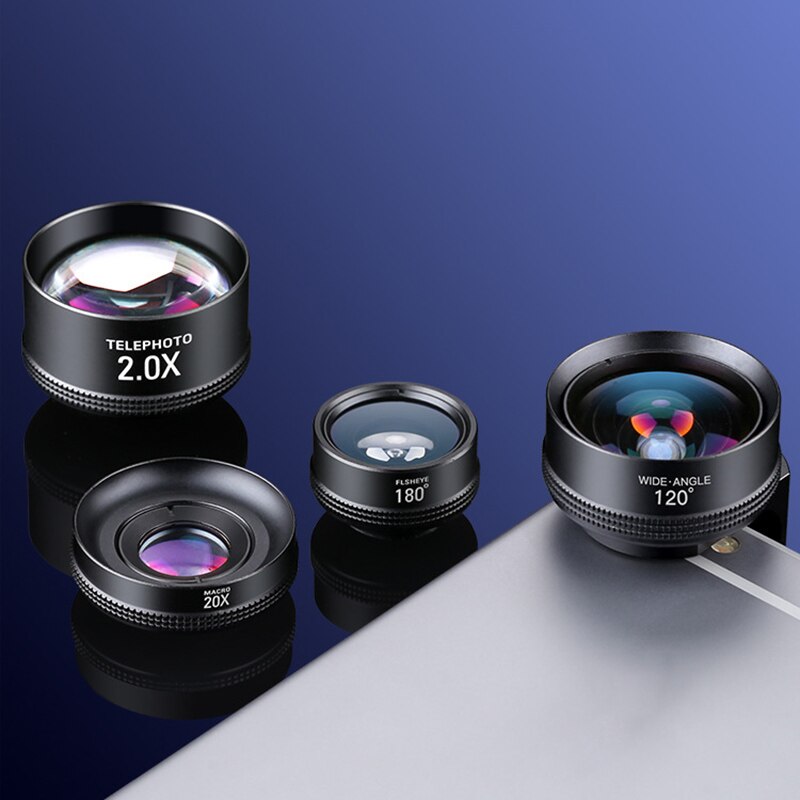 4-In-1 Draagbare 180 ° Fisheye + 120 ° Groothoek + 20X Macro + 2.0X Teleconverter lens Kit Met Clip Voor Mobiele Telefoon