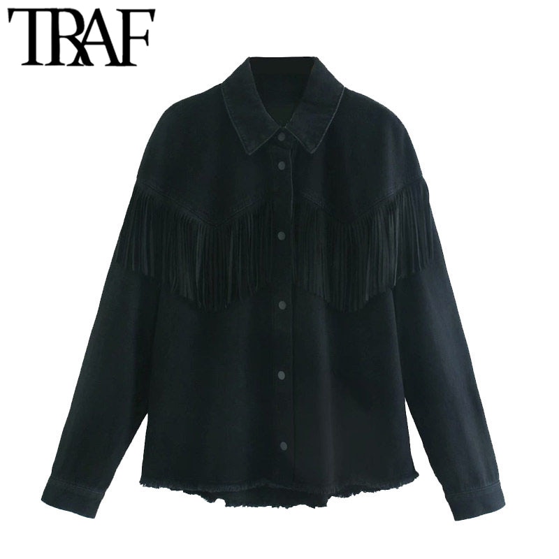 TRAF-chaqueta vaquera holgada con flecos para mujer, chaqueta con flecos deshilachados, de manga larga, Estilo Vintage