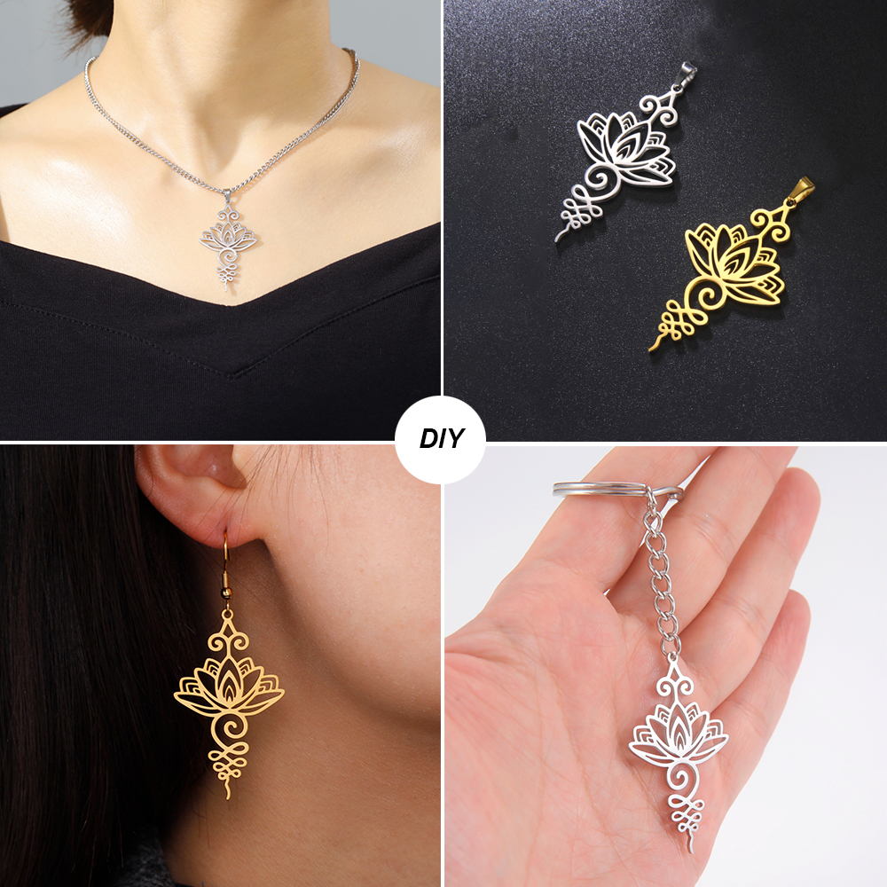 Breloques en forme de fleur de Lotus, en acier inoxydable, amulette religieuse, pendentifs, accessoire pour collier, boucles d'oreilles, bijoux, bricolage,