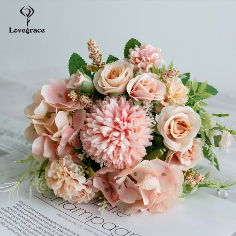 Bouquet de mariage Lovegrace soie artificielle Rose pivoine fleur mariée Bouquet Rose hortensia pompon bourgeon vanille épi fourniture de mariage: rose-pink
