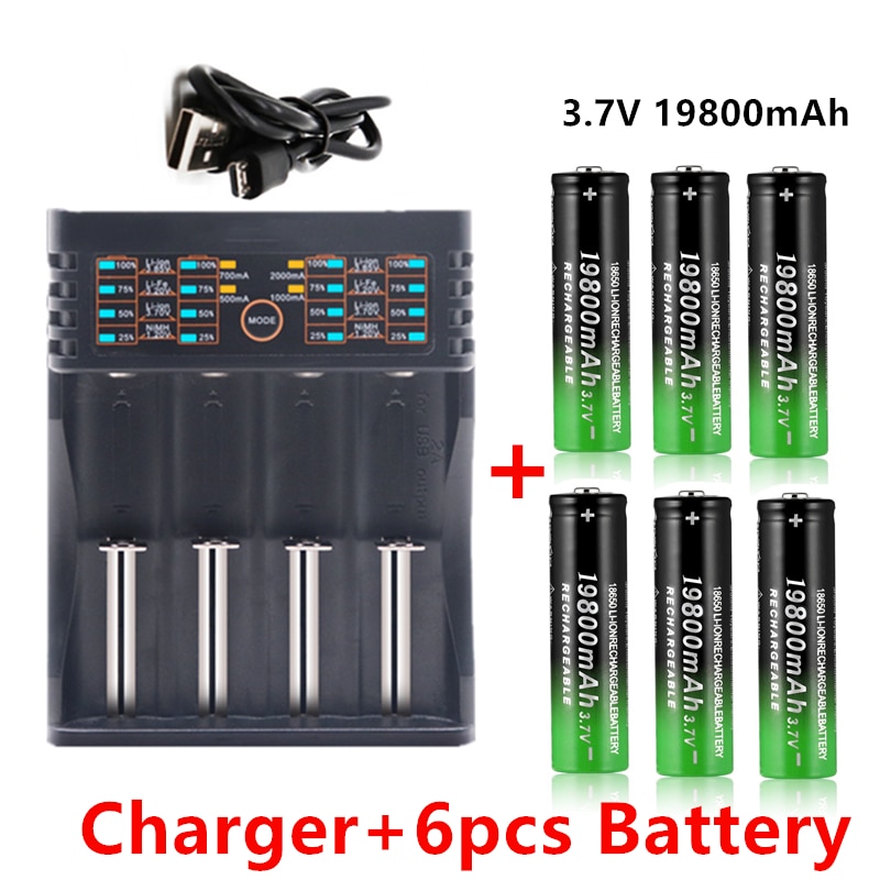 100% 18650 Batterij 3.7V 19800Mah Oplaadbare Li-Ion Batterij Voor Led Zaklamp Batterij 18650 Batterij + Usb Lader