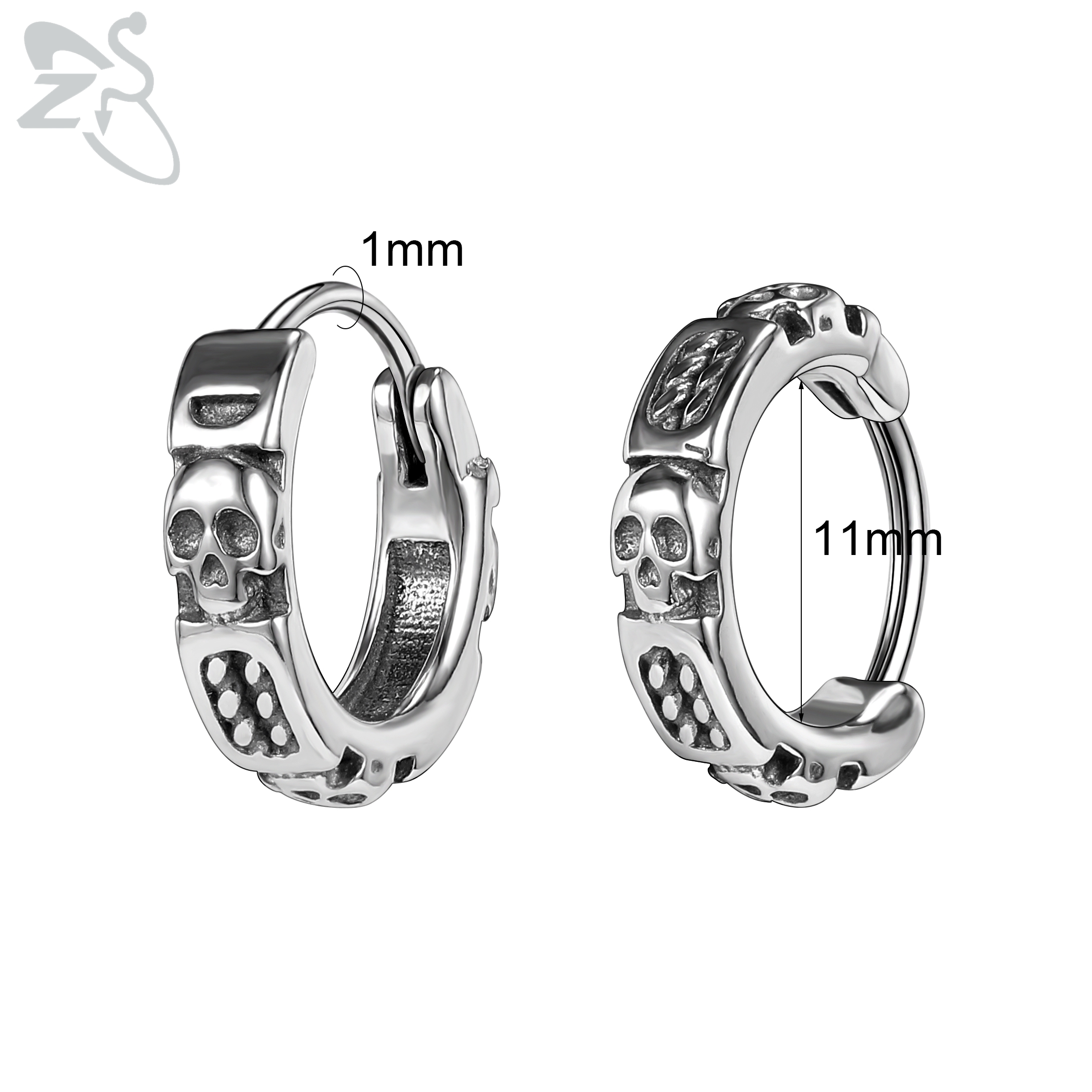 ZS-pendientes de aro de acero inoxidable para hombre, aretes redondos de calavera, serpiente, gótico, Punk, Rock, colgante, cartílago de hélice, 18G, 2 unidades por lote: Color acero