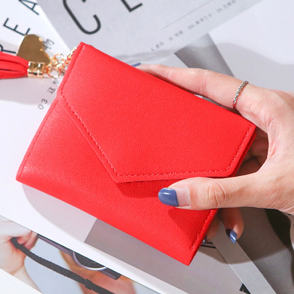 Women's Wallet Cute Student Tassel Pendant Short Wallet Trend Small PU Wallet Coin Purse Ladies Card Bag For Women: red