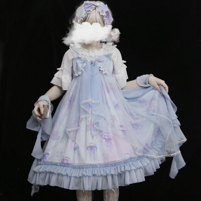 Soft Girl Cute Cartoon Cat Print Jsk Lolita Dress Japanese Sweet Lolita Dress Women Harajuku Chic Lace Tulle Bow Tea Party Dress: Blue Suit yarn / M