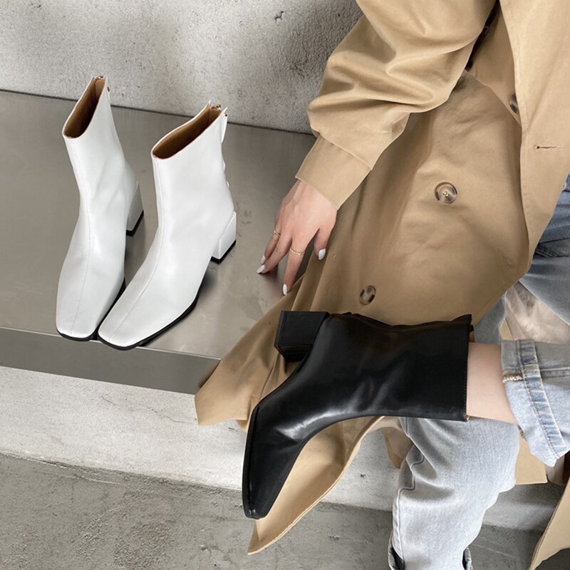Winter Ins Elegante Vrouwen Wit Blok Hoge Hakken Enkellaarsjes Lady Vierkante Neus Korte Laarzen Chelsea Laarzen Party schoenen