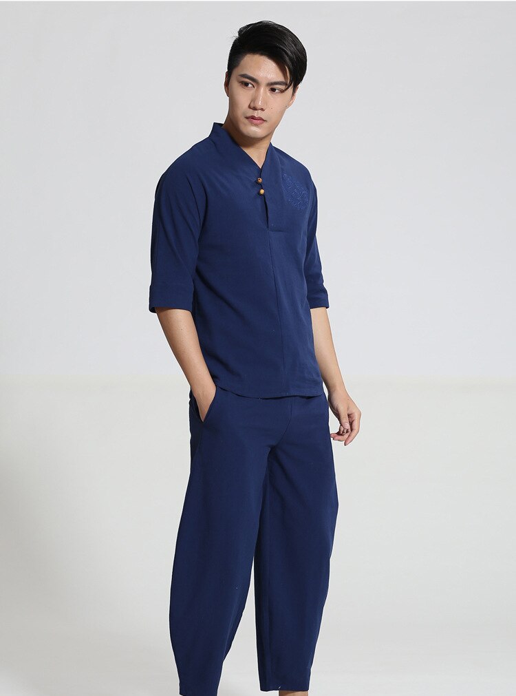 Stijl chinese mannen kungfu pak tai chi pak katoenen linnen overhemd & losse harembroek marineblauw ml xl xxl xxxl  m050: Marineblauw / Ik