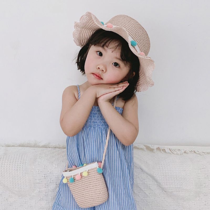 Kids Girls Large Wide Brim Straw Woven Sun Protection Beach Hat Colorful Pompom Ball Summer Floppy Bucket Cap Portable Handbag