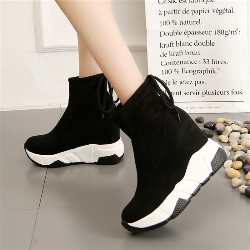 Cootelili Vrouwen Enkellaarsjes Platforms Schoenen Vrouw Hoge Hakken Binnen Hoogte Toenemende Faux Suede Laarzen Lace Up Sneakers 35-39