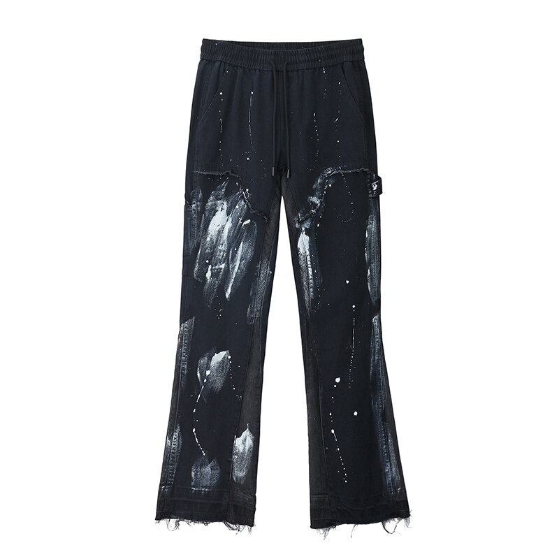 Farve blok malet streetwear snoretræk jeans mænd flosset sidebånd løst afslappet denim bukser hip hop harajuku par bukser: Sort / Asiatiske l
