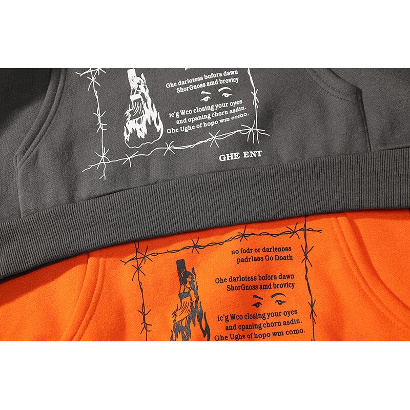 Orange broderi pullover hættetrøjer hip hop graffiti kranium print hættetrøje og sweatshirt mænd streetwear fleece hættetrøje urban tøj