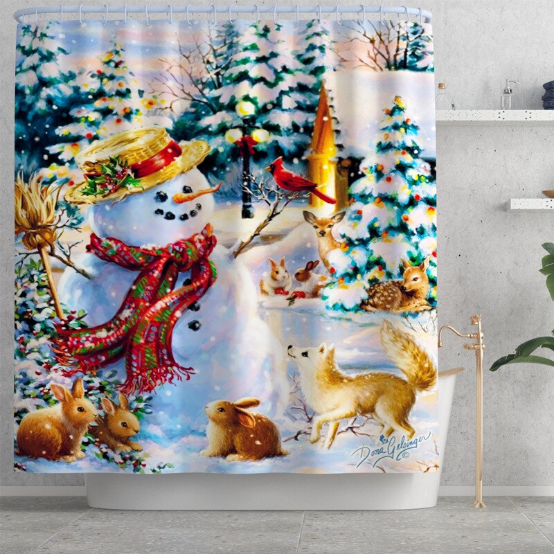 Waterdicht douchegordijn, badkamertapijt, luxe sneeuwpop konijn boom bedrukt schimmelwerend toiletdeksel: B