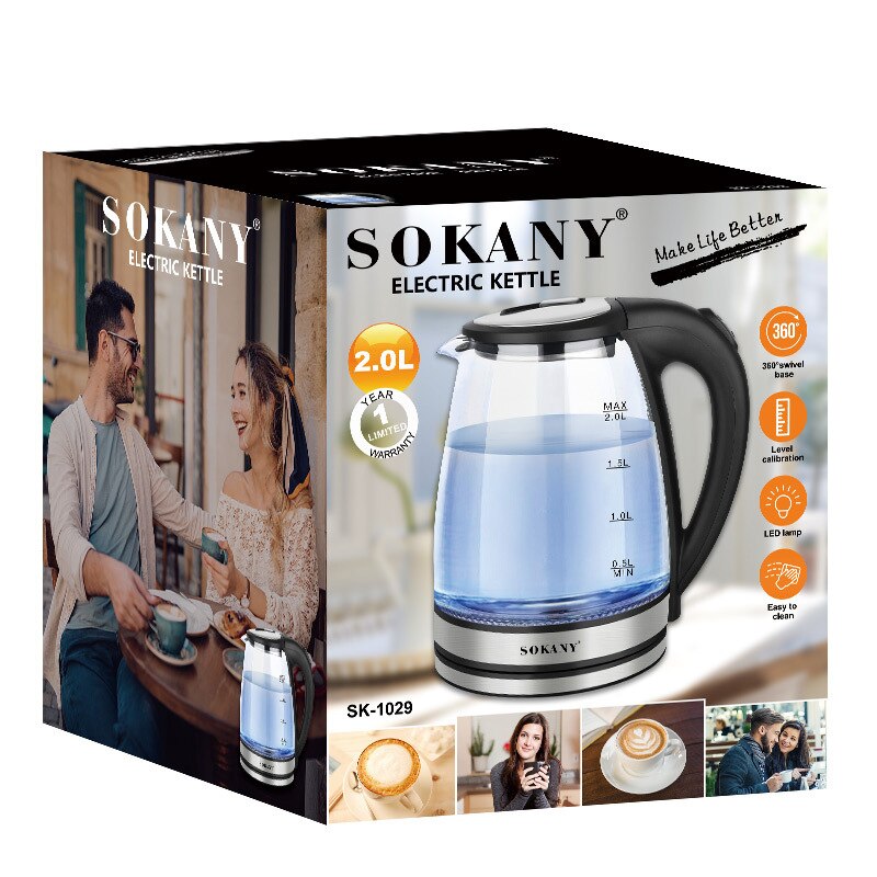 Electric Glass Kettle with Blue LED Lighting, 2L Borosilicate Glass Electric Water Kettle, 1500W Quick Boiling, BPA Free