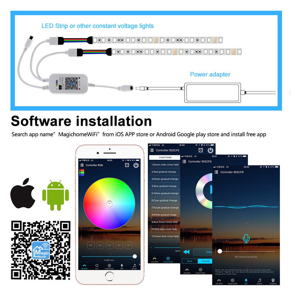 Wifi RGB LED Controller 5V-24V IR Remote Controller Dimmer WiFi Wireless Smart Music Controller Work with APP for RGB LED Strip