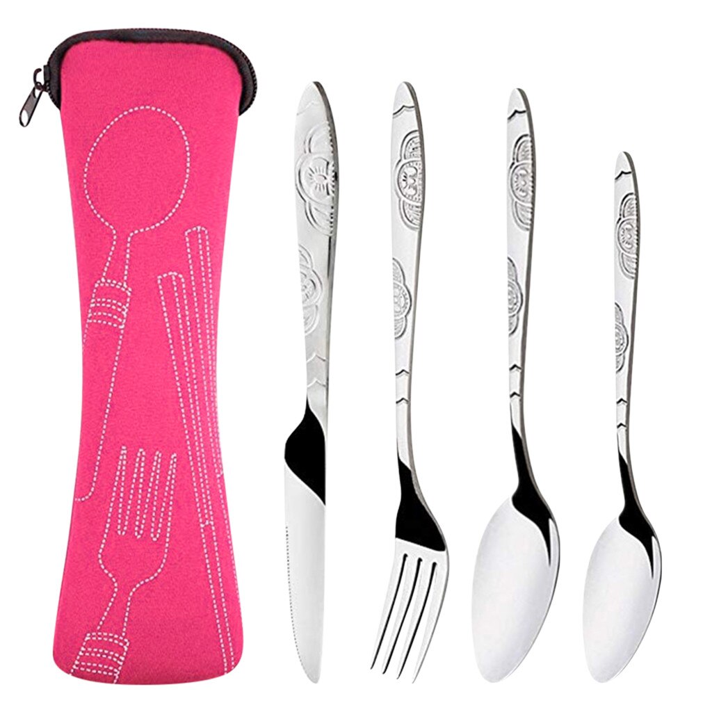Cuchillos de acero inoxidable con forma de tenedor, cuchara para viajes en familia, Cubiertos para acampar, vajilla portátil para exteriores, Cubiertos de acero inoxidable: Rosa