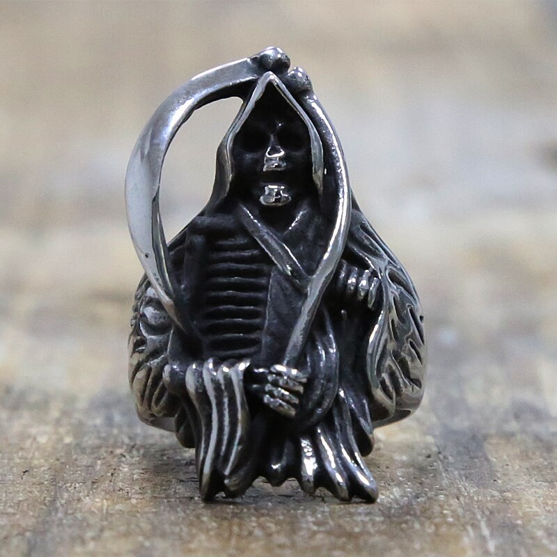 Anello Silver Teschio E Falce Anello Uomo Teschio Grim Reaper Anarchia In Acciaio Inox - Gioiello Biker, Punk, Unisex Anello Biker Acciaio Inox - Foto 11