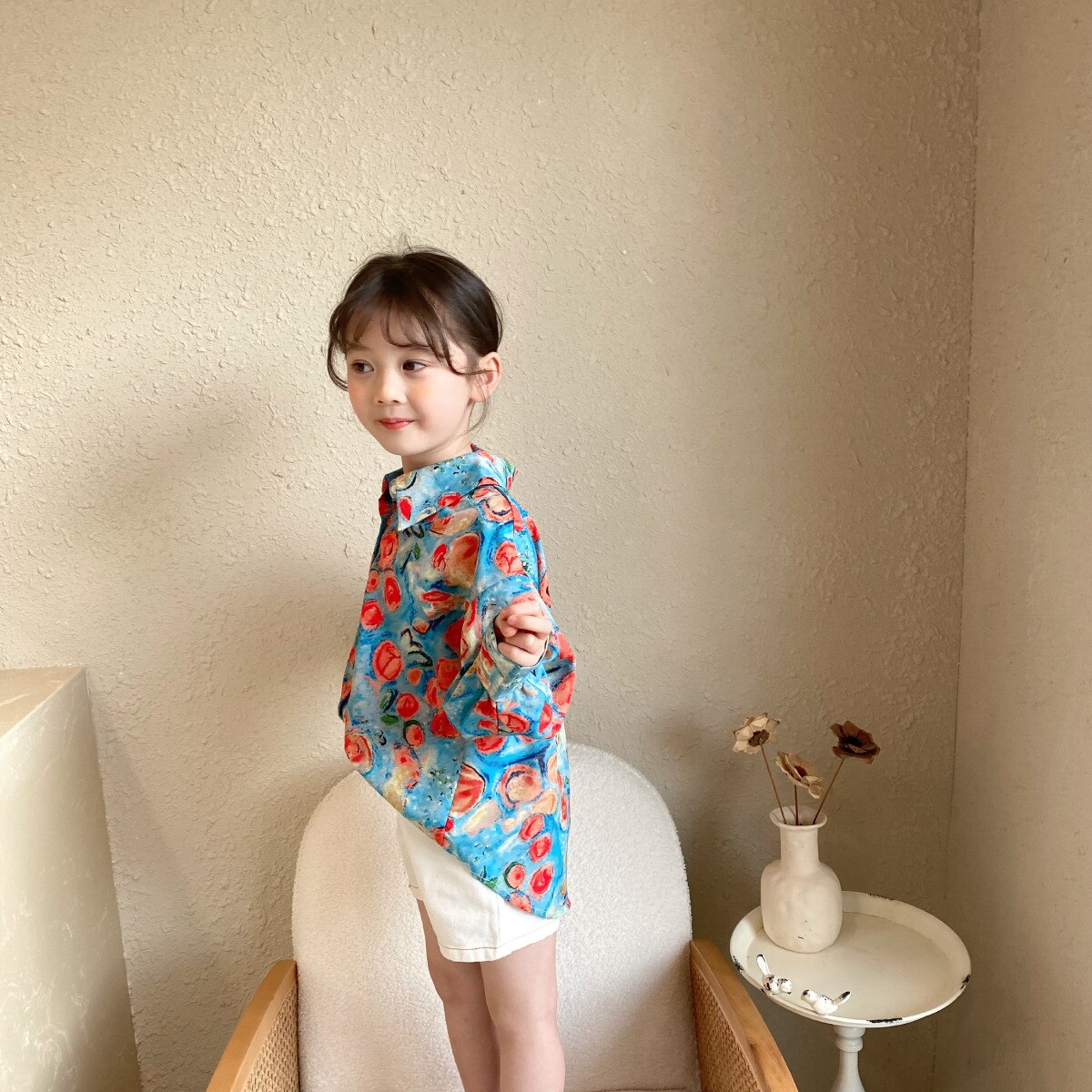 1000B 2022 camicette per ragazze a manica lunga primavera pittura a olio floreale stile retrò top per bambini vestiti per ragazze coreane abbigliamento per bambini